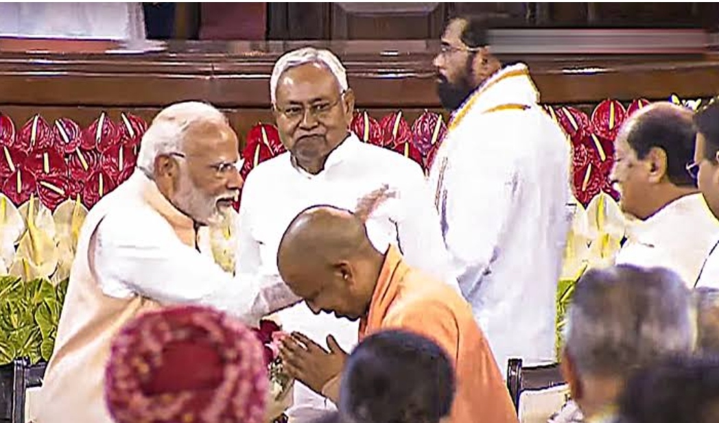 PM Modi congratulates UP CM Yogi Adityanath at NDA meeting